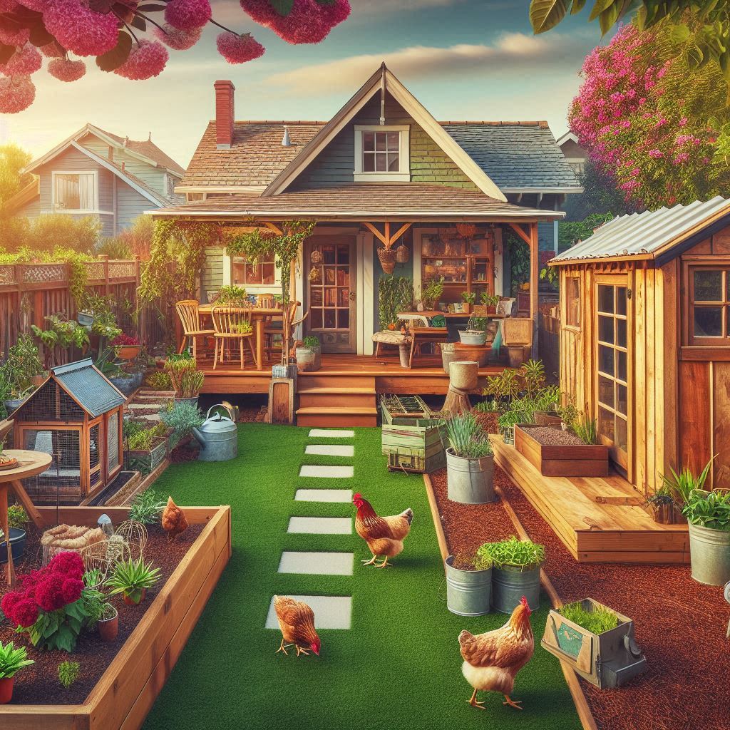 Beyond Financial Instruments: Blockchain as Communication Infrastructure for Direct Action 1 - A backyard homestead with a garden and chicken coop vibrant and connected -