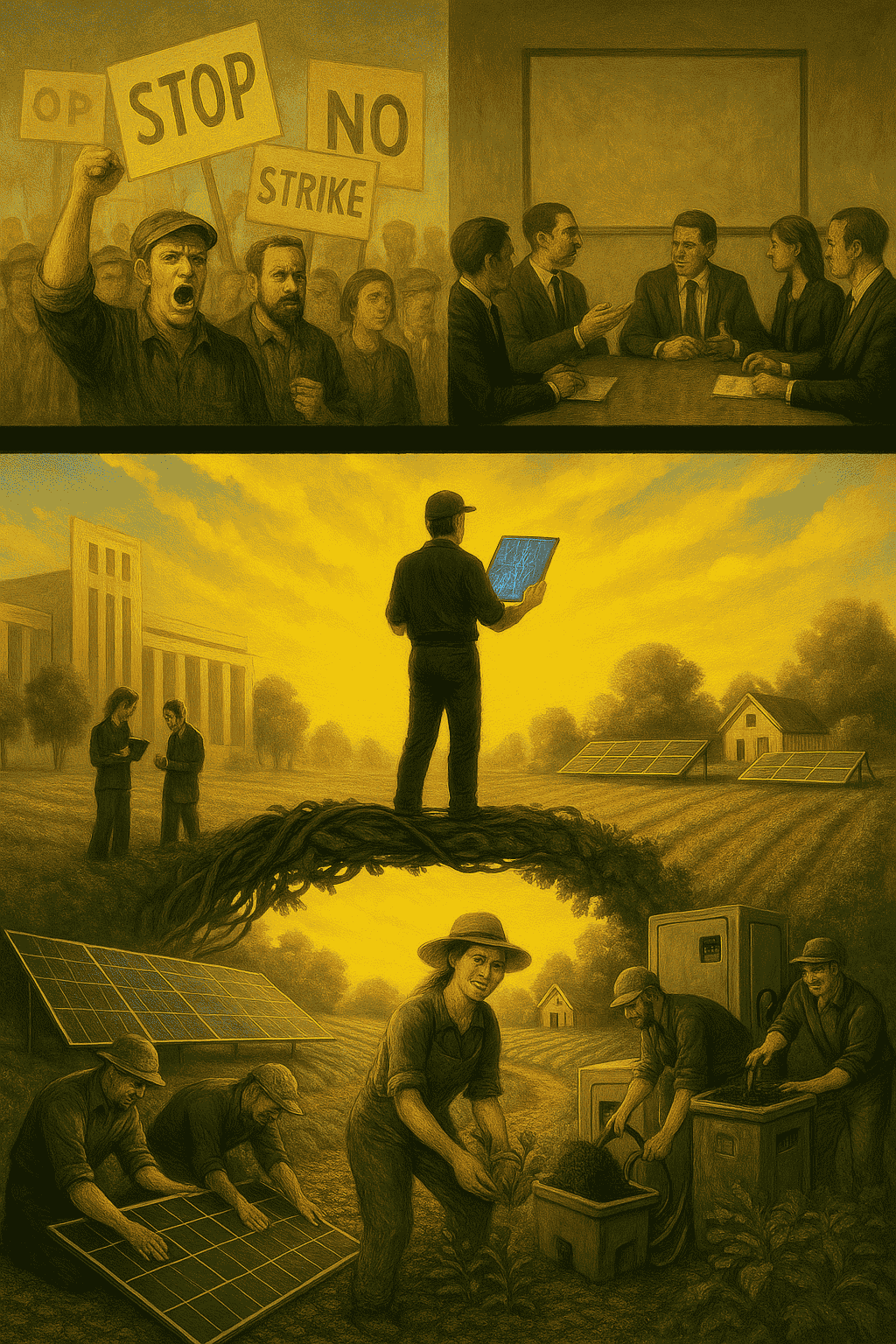 Image shows contrast between legacy protest with signs vs collaborative opportunities for direct action