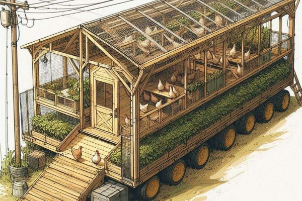 Image of a chicken coop built on a RV frame