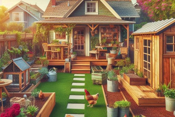 A backyard homestead with a garden and chicken coop, vibrant and connected