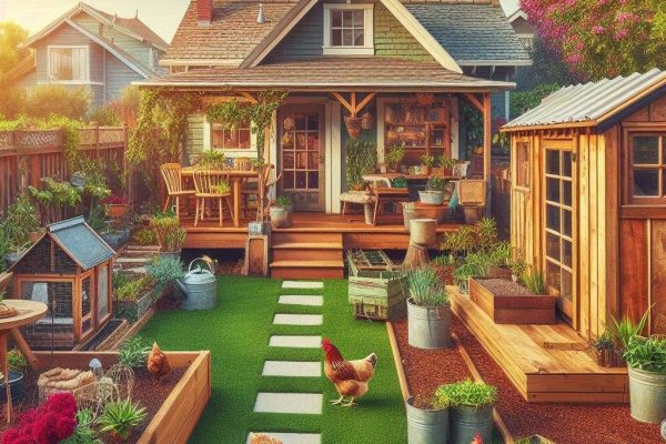 A backyard homestead with a garden and chicken coop, vibrant and connected