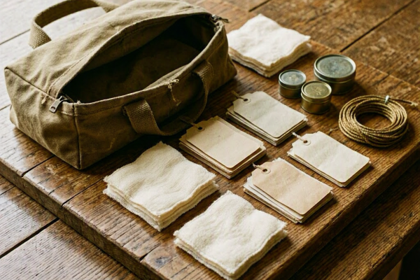Old style army medic bag with tags and bandages