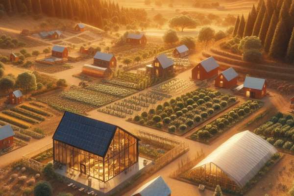 Regenerative farm epiction with greenhouse and regenerative food forest