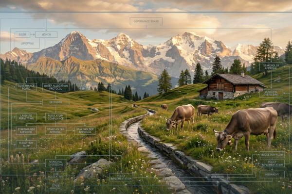 mountains overlaid by technical drawings
